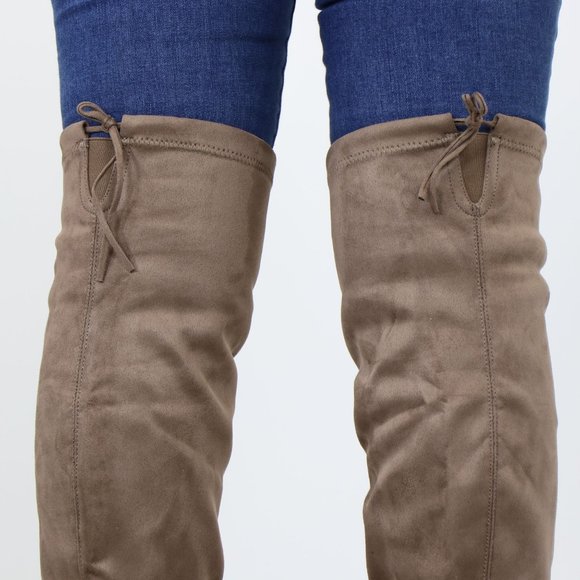 Taupe Thigh High Over The Knee Low Block Heel Boots Faux Suede Pointy Toe - Picture 15 of 15